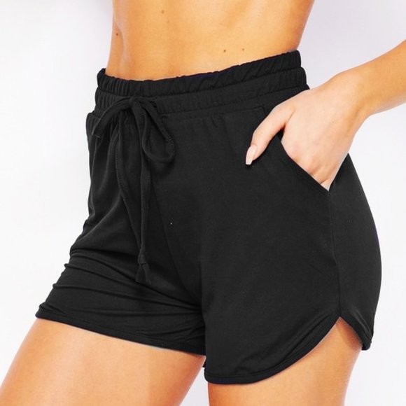 Black high waist comfy drawstring pocket dolphin hem workout casual solid shorts - Picture 1 of 1